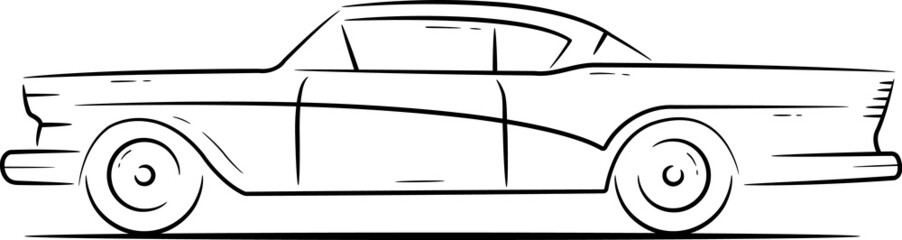 Simple drawing of a car from black lines. Side sketch of an old classic american car on a white background.
