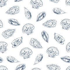 Mussel and scallop seamless outline sketch pattern. Sea and ocean dwellers with shell. Marine species oyster with fine meat on vector illustration