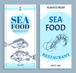 Fototapeta premium Best quality seafood restaurant hand drawn banner with anchor symbol. Bream and shrimp marine products sketch vector illustration on white backdrop