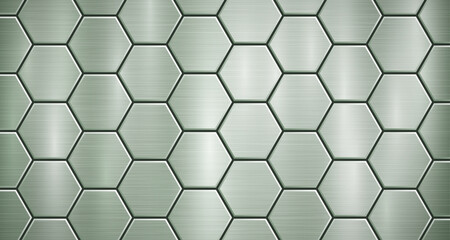 Abstract metallic background in green colors with highlights, consisting of voluminous convex hexagonal plates