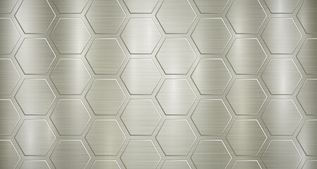 Abstract metallic background in yellow colors with highlights and a big voluminous convex hexagonal plates