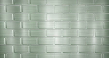 Abstract metallic background in green colors with highlights and a texture of big voluminous convex rectangles, like bricks