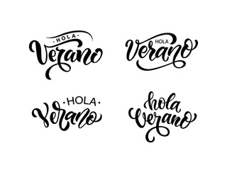 Hola Verano (Hello Summer in Spanish) set of handwritten phrases, modern brush calligraphy, lettering typography. Summer postcard, invitation, logo, greeting card. Vector illustration  © Елена Тагильцева