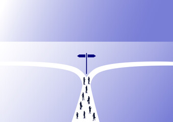 Business direction and business change concept. Vector illustration of a group of people waiting at a two way street junction with two alternatives. Bird's eye view of people and a direction sign. 