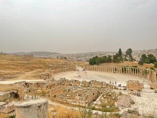 Fototapeta na wymiar Central square and decumanus maximus of Jerash, Jordan. High quality photo