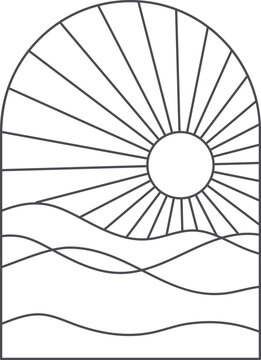 Abstract Boho Sun over Mountains Landscape Illustration
