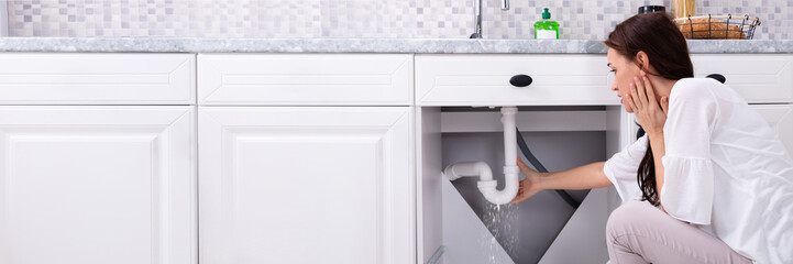 Woman Trying To Stop Water Leakage From Sink Pipe