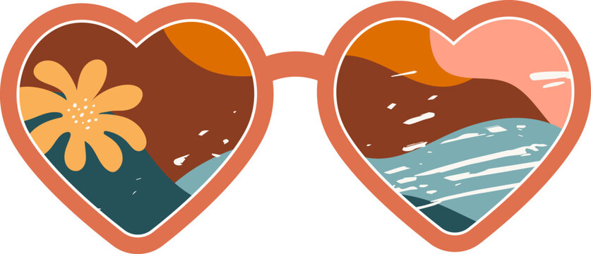 Heart Shaped Sunglasses with Tropical Landscape Reflection Boho Summer Illustration