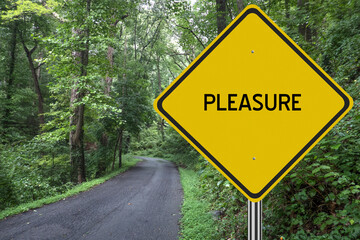 Pleasure sign with path into the woods.