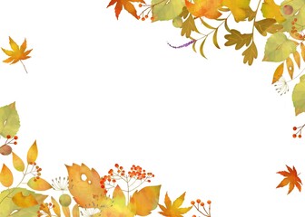 秋の紅葉した葉っぱのオシャレな北欧風ベクター白バックフレームイラスト素材
