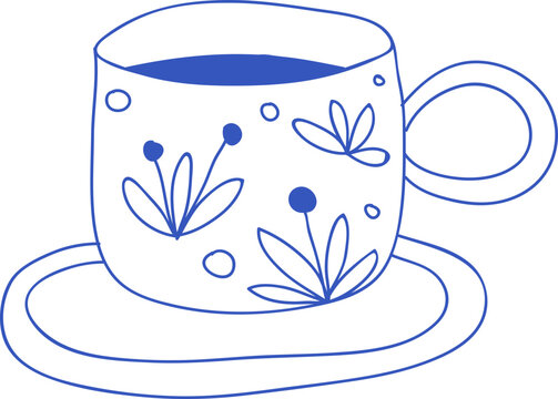 Hand Drawn Blue Porcelain Artisanal Tea Cup Illustration