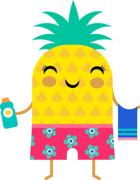 Naklejki Cute Pineapple Cartoon Character on a Beach Illustration