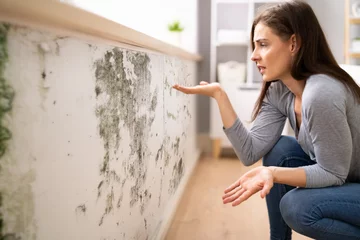 Fotobehang Shocked Woman Looking At Mold On Wall © Andrey Popov