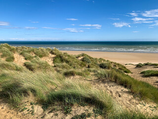 Fototapeta na wymiar Sand dunes and sea grass tussocks. Summer in England. Creative photograph of sand dunes against a blue sky with clouds. Camber Sands, East Sussex along English Channel.