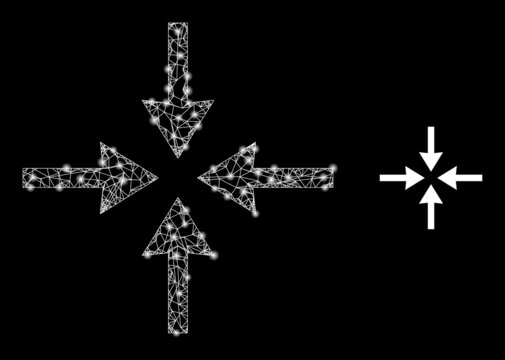 Mesh net meeting point model icon with light spots. Illuminated vector constellation is created from meeting point pictogram. Vector carcass net meeting point icon.
