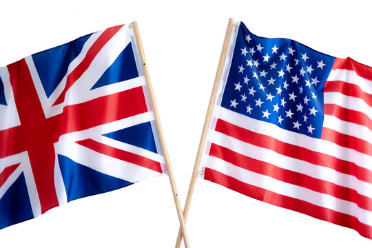 UK flag and USA flag on white background