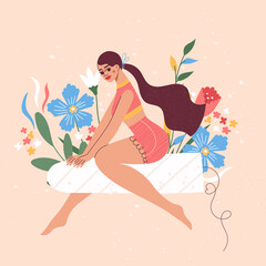Woman flying on a big tampon with flowers and leaves around. Menstrual period concept, menstruation, PMS, premenstrual syndrome. Female leading active life during menstruation.