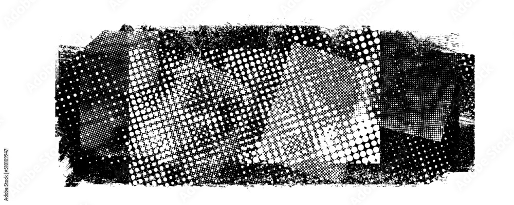 Poster Glitch distorted geometric shape . Noise destroyed logo . Trendy defect error shapes . Glitched frame .Grunge textured . Distressed effect .Vector shapes with a halftone dots screen print texture.