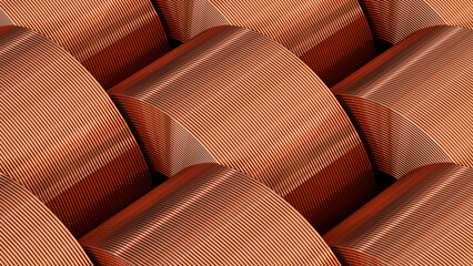 Copper coils in storage. Pattern from a rolled metal product in a warehouse. Bobbins of copper wires or pipes. Shiny colored metal. 3d illustration - obrazy, fototapety, plakaty