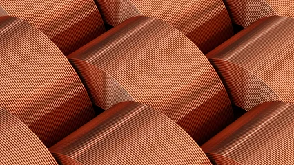 Foto op Plexiglas Copper coils in storage. Pattern from a rolled metal product in a warehouse. Bobbins of copper wires or pipes. Shiny colored metal. 3d illustration © Filipp