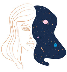Women's half portrait with a galaxy illustration