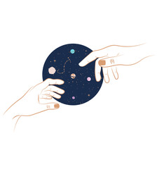 Galaxy in human hands illustration