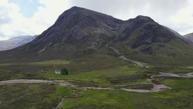 Lagangarbh Hut white house in Glencoe Scottish Highlands,  Buachaille Etive Mor, Scotland UK 