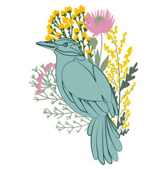 Spring set with bird and plants and flowers illustration