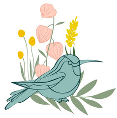 Spring set with bird and plants and flowers illustration