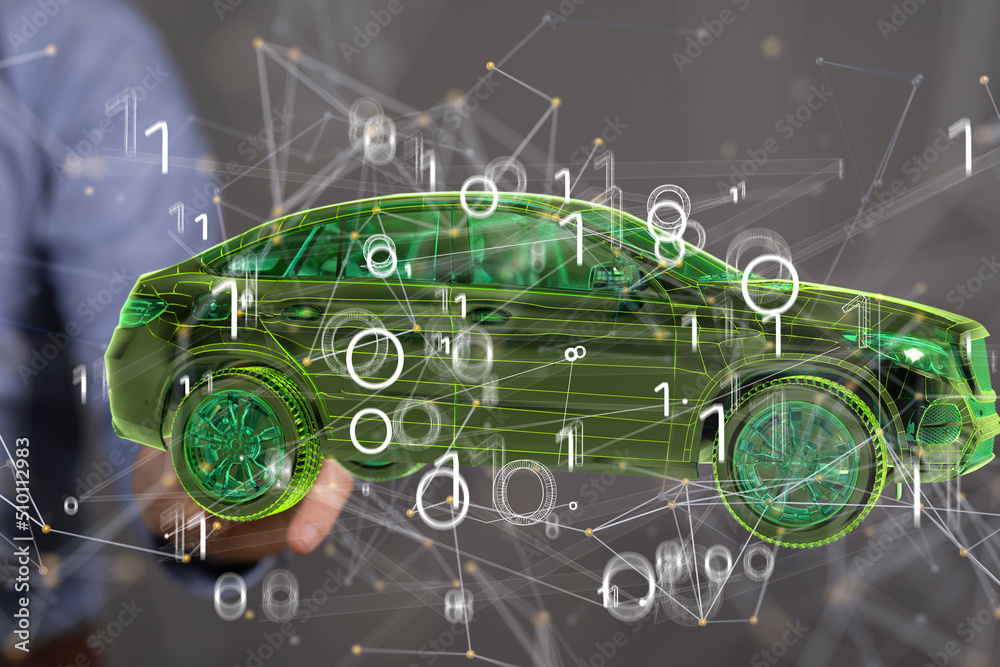 Poster autonomous car with hud graphic of navigation system driving
