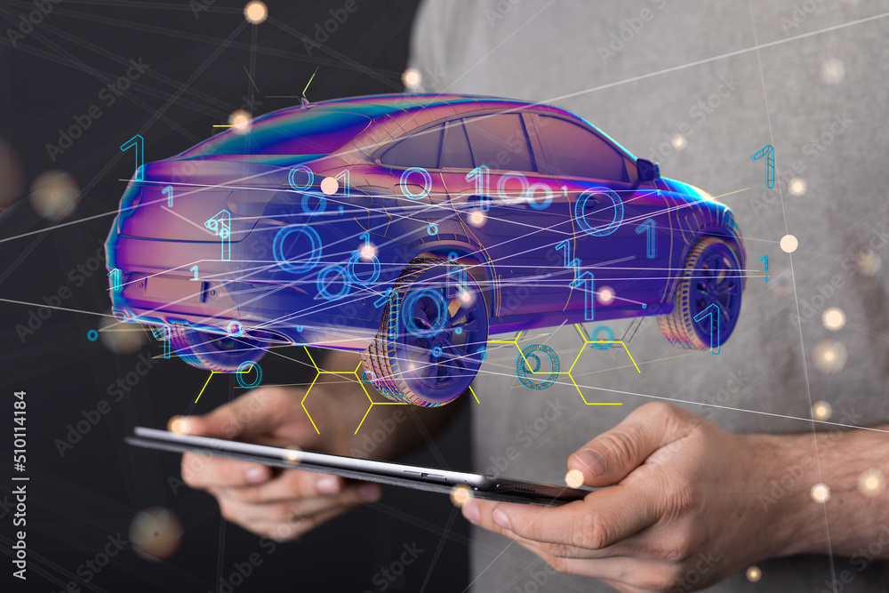 Poster Autonomous car with HUD graphic of Navigation system driving