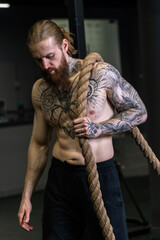 Rope invisible man tug pull was casual force person competition, concept handsome isolated from businessman from tug guy, hand fit. Training work alone, beard