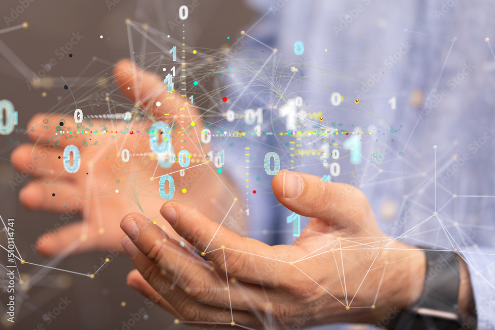 Poster Big data and artificial intelligence concept. Machine learning and cyber mind domination