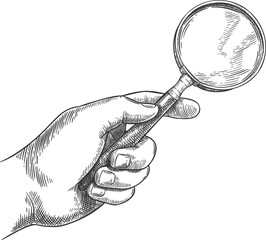 Engraved hand holding magnifying glass