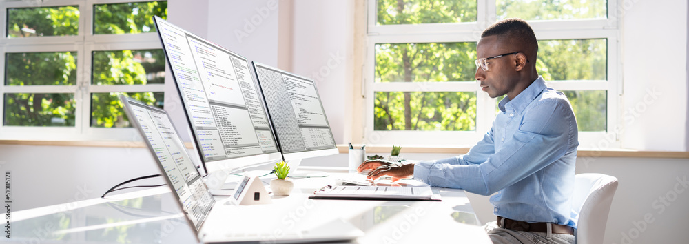 Poster software developer working in office
