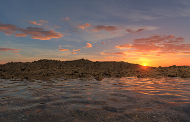 Naklejka premium Rendered 3D Illustration of Rocky Desert Water Drought at Sunset