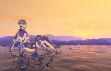 Sunset over 3D Rendered Illustation Rocky Mountain Range and Liquid Man Resting in Water