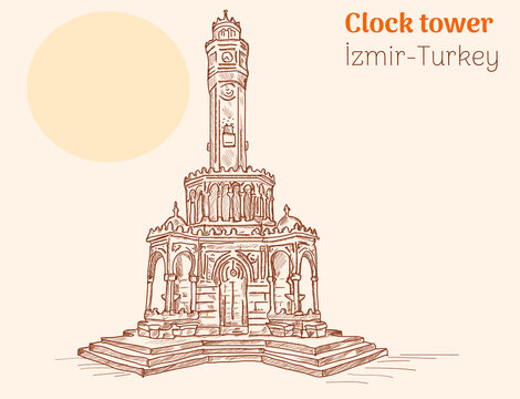 izmir clock tower hand drawing vector illustration