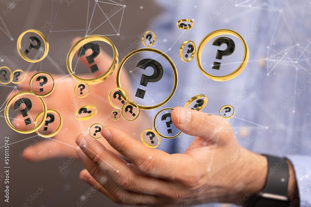 Aufkleber Businessman solving problem with digital question marks 3D rendering