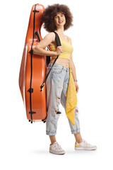 Young female musician with a cello case on her shoulder © Ljupco Smokovski