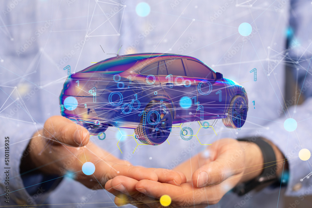 Poster autonomous car with hud graphic of navigation system driving