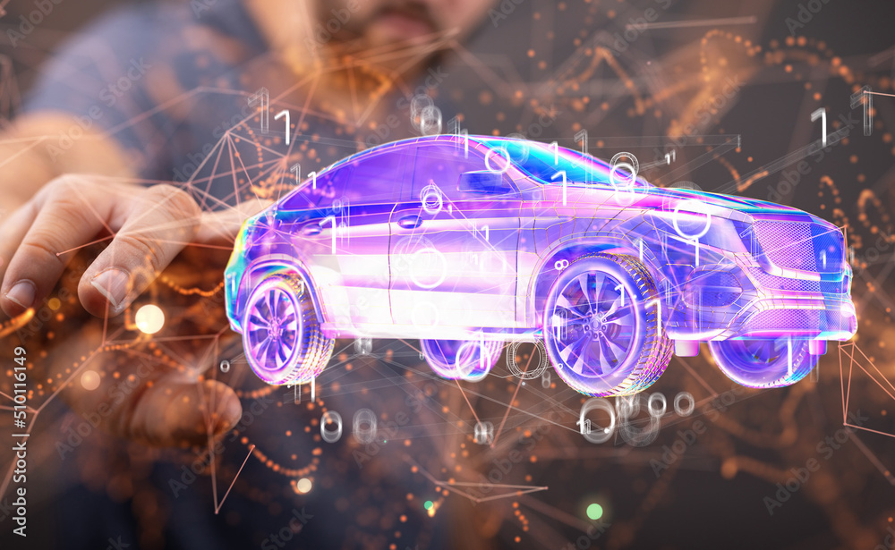 Poster Autonomous car with HUD graphic of Navigation system driving