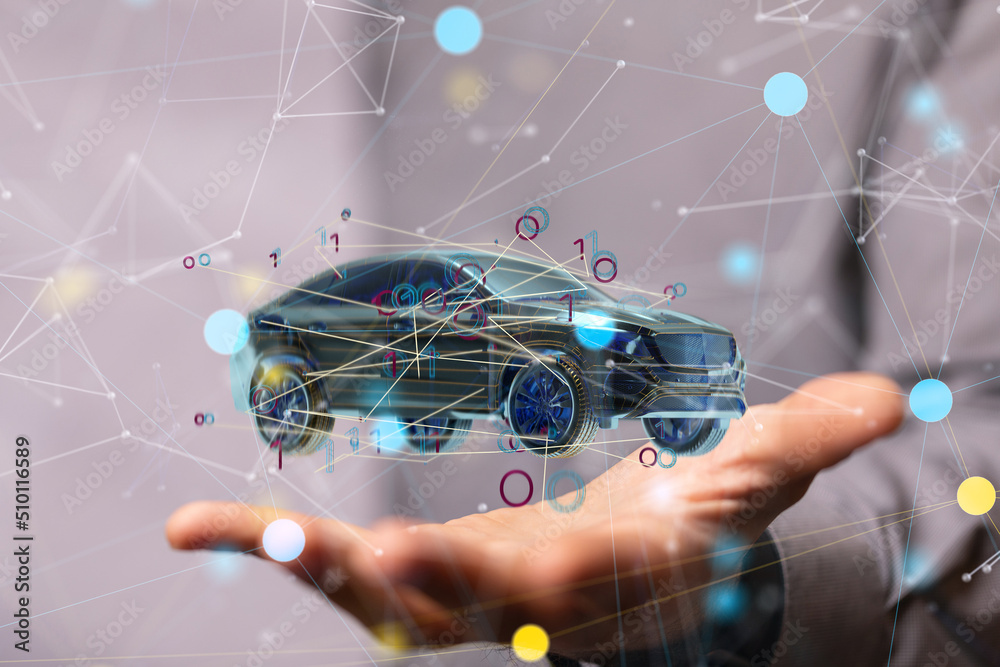 Poster Autonomous car with HUD graphic of Navigation system driving