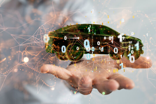 Autonomous car with HUD graphic of Navigation system driving