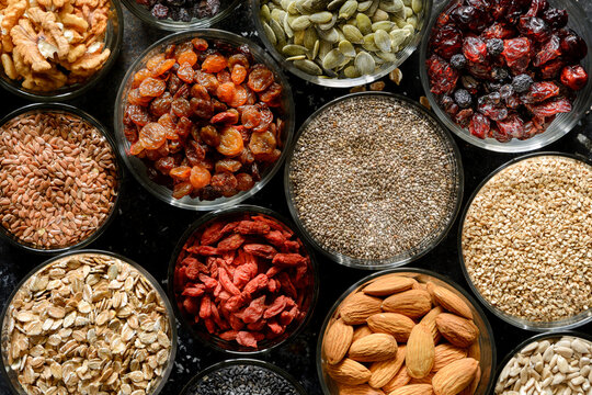 Background of various seeds and dried fruits-super food 