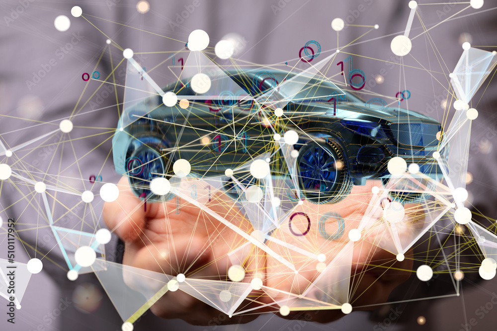 Poster autonomous car with hud graphic of navigation system driving