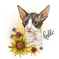 Portrait of a cat and sunflowers vector illustration