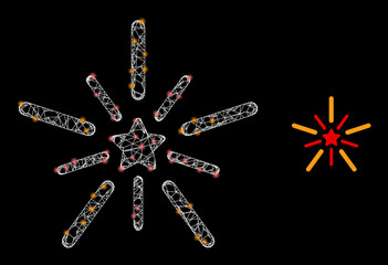 Net mesh star shine wireframe icon with light spots. Illuminated vector model is created from star shine icon. Vector carcass mesh star shine icon.