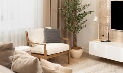 Cozy corner in modern living room in Scandinavian style