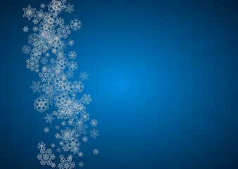 New year background with silver frosty snowflakes. Horizontal backdrop. Stylish new year background for holiday banner, card. Falling snow with sparkles and flakes for season special offers and sales.